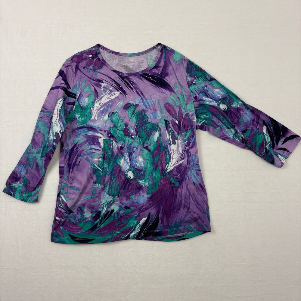 Allison Daley Womens Floral Blouse Purple Blue Green Rhinestone Neck Top Size L